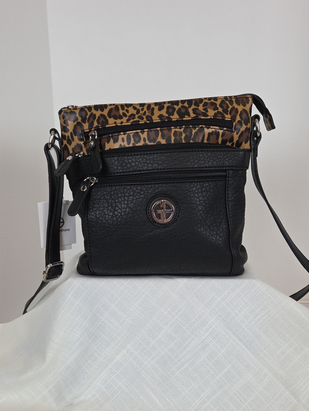 Black Crossbody Bag with Leopard Accent - Sleek Everyday Shoulder Bag
